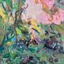 An expressive, gestural and impressionistic painting.
Roses and blackberries in an overgrown garden hedge.
oil on canvas.
