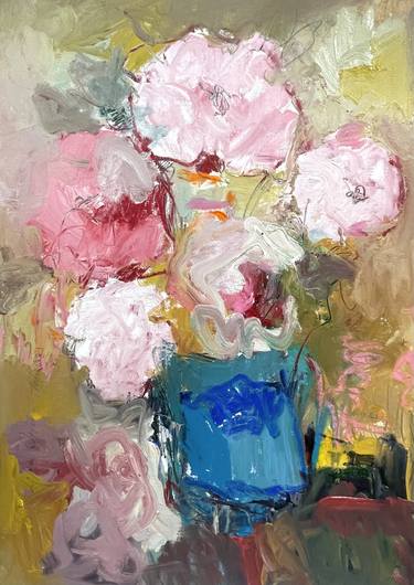 Pink flowers in a blue jug thumb