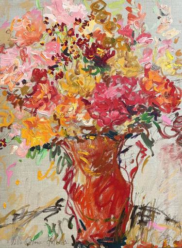 Red jug with summer flowers. thumb