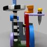 A whimsical vehicle, prepared to defend itself against the elements.