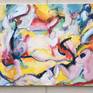 Joy of Life references Matisse’s Bonheur de Vivre, a landscape that functions as a stage filled with sensual figures. My use of color is responsive only to emotional expression and the formal needs of the canvas, not the realities of nature, as with the Fauve canvases.