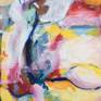 Joy of Life references Matisse’s Bonheur de Vivre, a landscape that functions as a stage filled with sensual figures. My use of color is responsive only to emotional expression and the formal needs of the canvas, not the realities of nature, as with the Fauve canvases.