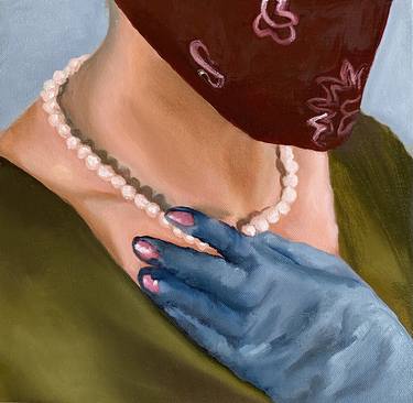 Self portrait with pearl necklace and disposable gloves thumb