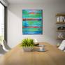 Acrylic abstract color field painting with lots of color blending, contrast and fine details. Textured with many layers of plaster to prime the canvas then applied acrylic paint with spatulas and palette knives. Signed on back, ready to hang.