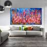 Acrylic abstract large painting motion energy, bold, large scale, signed. Red, white, yellow, blue.