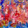 Acrylic abstract large painting motion energy, bold, large scale, signed. Red, white, yellow, blue.