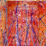 Multi paneled abstract mix media action painting. Orange, blue, yellow, red with gold, red, purple acrylic ink drips.
Singed, ready to hang. Four canvas 18*24in each.