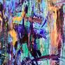 Abstract acrylic artwork iridescent colors, purple, blue, green, white and gold. Signed, ready to hang.