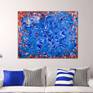Blue abstract expressionism layered painting with blue, orange, white, crack effects. Signed.