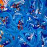 Blue abstract expressionism layered painting with blue, orange, white, crack effects. Signed.