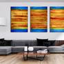 Vibrant and contemplative abstract painting consisting on 3 canvas 36 by 24 inches each one. Yellow, orange, shades of blue. This painting is very glossy can be displayed together or with big gaps in between. Signed and ready to hang.
I include a certificate of authenticity that lists the materials as well as when the painting was completed. Fine high quality materials such Golden colors are used and UV protective spray for sunlight protection.
