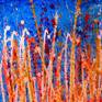Striking and bold color combination, orange and blue in gestural paint strokes over and over again. Signed.