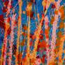 Striking and bold color combination, orange and blue in gestural paint strokes over and over again. Signed.