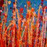 Striking and bold color combination, orange and blue in gestural paint strokes over and over again. Signed.