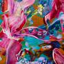 Bold colorful abstract with blues, magenta, purple, violet, gold, white, yellow and teal. signed.