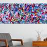 Bold colorful abstract with blues, magenta, purple, violet, gold, white, yellow and teal. signed.