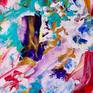 Bold colorful abstract with blues, magenta, purple, violet, gold, white, yellow and teal. signed.