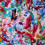 Bold colorful abstract with blues, magenta, purple, violet, gold, white, yellow and teal. signed.