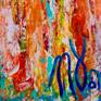 Intricate and impactful colorful abstract painting many colors with orange, magenta and gold as prominent colors with teal and yellow undertones. Large statement piece. Signed.