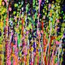 Bright bold colors over dark background, many paint strokes and lots of energy.