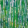 Green abstract color field with many layers of green and drips of glossed mica particles. This painting shimmers with light, the gloss was applied layer after layer for texture. Bright, impactful and beautiful. Signed in front.