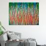 Abstract expressionistic bold painting with a lot of shades of green, bright red, orange, some yellow and blue. lots of motion and action!
