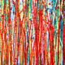 Abstract expressionistic bold painting with a lot of shades of green, bright red, orange, some yellow and blue. lots of motion and action!
