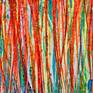 Abstract expressionistic bold painting with a lot of shades of green, bright red, orange, some yellow and blue. lots of motion and action!