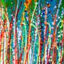 Abstract expressionistic bold painting with a lot of shades of green, bright red, orange, some yellow and blue. lots of motion and action!