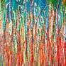 Abstract expressionistic bold painting with a lot of shades of green, bright red, orange, some yellow and blue. lots of motion and action!