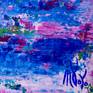 Bright and contrasting abstract color field, light blue, pink, white and some green. Contemplative romantic nature inspired. Signed in front.