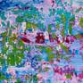 Bright and contrasting abstract color field, light blue, pink, white and some green. Contemplative romantic nature inspired. Signed in front.