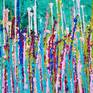 Impactful bold and action packed painting. Many colors pale yellow, crimson, teal, pink, over bright emerald background. This paint arrives in a tube singed and plenty of edge for framing.