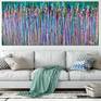 Impactful bold and action packed painting. Many colors pale yellow, crimson, teal, pink, over bright emerald background. This paint arrives in a tube singed and plenty of edge for framing.