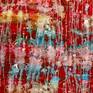 Bold and contemplative fiery abstract dark red background with silver paint drizzles. Layers of color blending with forceful paint strokes to reveal the underneath colors. This painting arrives in a tube, signed and enough edge for an inch deep mounting.