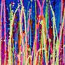 Bright colors! over deep blue. Pink, neon pink, yellow gold, green and bright orange. This painting arrives ready to hang and signed in front.