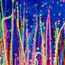 Bright colors! over deep blue. Pink, neon pink, yellow gold, green and bright orange. This painting arrives ready to hang and signed in front.