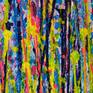 Impactful abstract statement artwork, bold color drips raging from florescent pink, yellow, navy blue, light blue, clear silver over lavender plum background. This artwork is signed in front.
