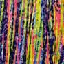 Impactful abstract statement artwork, bold color drips raging from florescent pink, yellow, navy blue, light blue, clear silver over lavender plum background. This artwork is signed in front.