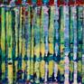 Vibrant contemporary abstract with bright color palette and ridges. Pink, purple, many shades of blue, yellow gold, and red. This painting arrives mounted in a wooden frame, ready to hang. Signed in front.