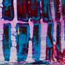 Vibrant contemporary abstract with bright color palette and ridges. Pink, purple, many shades of blue, yellow gold, and red. This painting arrives mounted in a wooden frame, ready to hang. Signed in front.