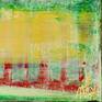 Bright abstract with vivid colors. Green, red, yellow, transparent white and some purple. Signed in front and ready to hang.