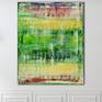 Bright abstract with vivid colors. Green, red, yellow, transparent white and some purple. Signed in front and ready to hang.