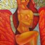 The parable of Salome's betrayal is well known in the Christian religion. The theme I develop in this picture is about provocative female beauty and its influence on men's consciousness. Bright colors, red, yellow, ocher in contrast to the silver and gold reliefs. Plant elements and an exquisite female figure in the whirlwind of dance. Oil paints, acrylic paints and pastes, gold and silver foil, patina and varnish are the materials used in making this painting.
