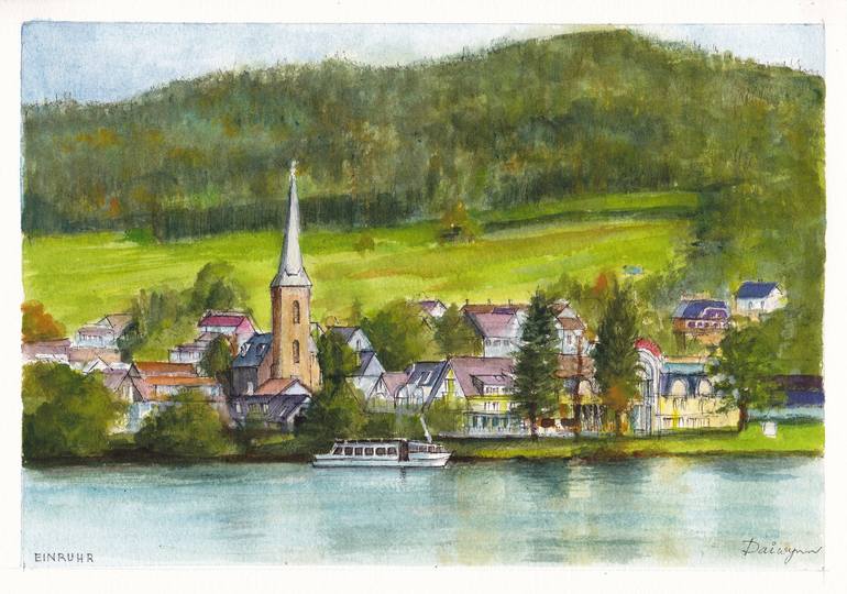 Original Landscape Painting by Dai Wynn | Realism Art on Paper | The village of Einruhr on a forest lake in western Germany