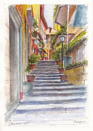 Italy Bellagio Street Aquarelle - 