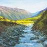 Oil painting by Dai Wynn of the icy stream flowing from Rob Roy Glacier into the valley of the Matukituki River in Mount Aspiring National Park, South Island, New Zealand.  20.3 cm high by 25.4 cm wide by 0.3 cm deep approximately.  (8 inches by 10 inches).