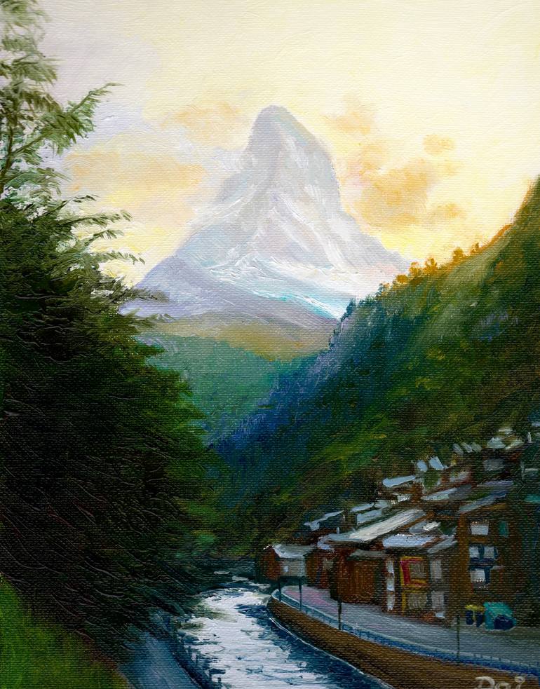 The Matterhorn and Zermatt at Dusk Painting by Dai Wynn | Saatchi Art