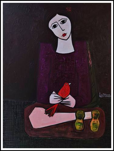 Woman With Red Bird thumb