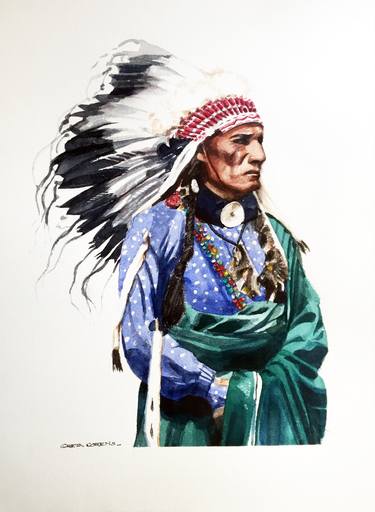 Watercolor portrait of Native American Indian Chief Red Pipe thumb